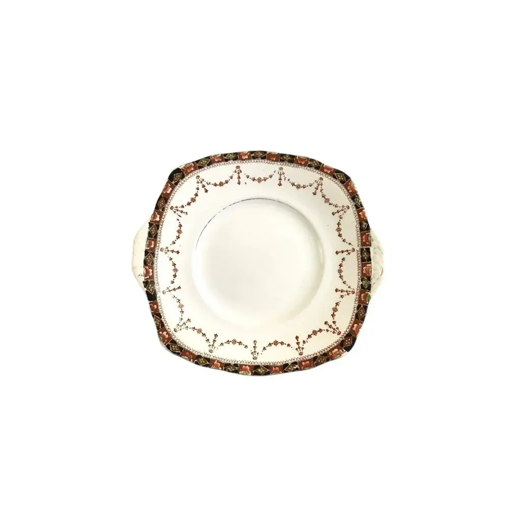 Royal Albert Cake Plate Crown China Handles White Brown Black Border Vintage